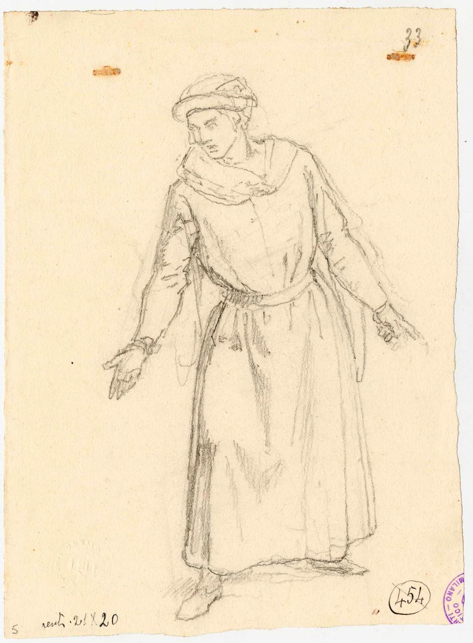 Figura all'impiedi, figura maschile in piedi (disegno) di Hayez, Francesco (metà sec. XIX)