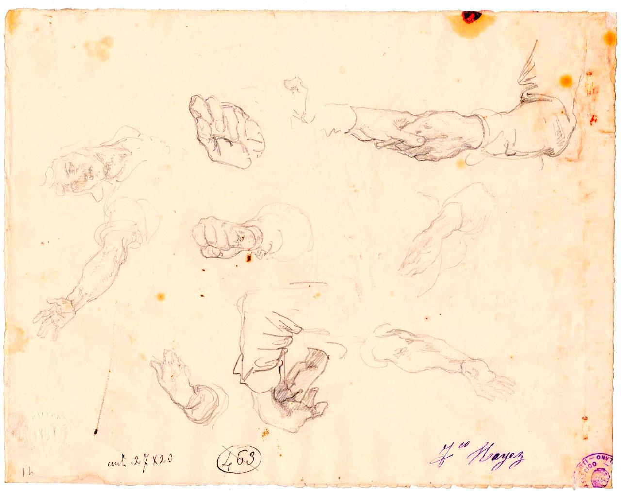 Studi di mani, mani (disegno) di Hayez, Francesco (metà sec. XIX)