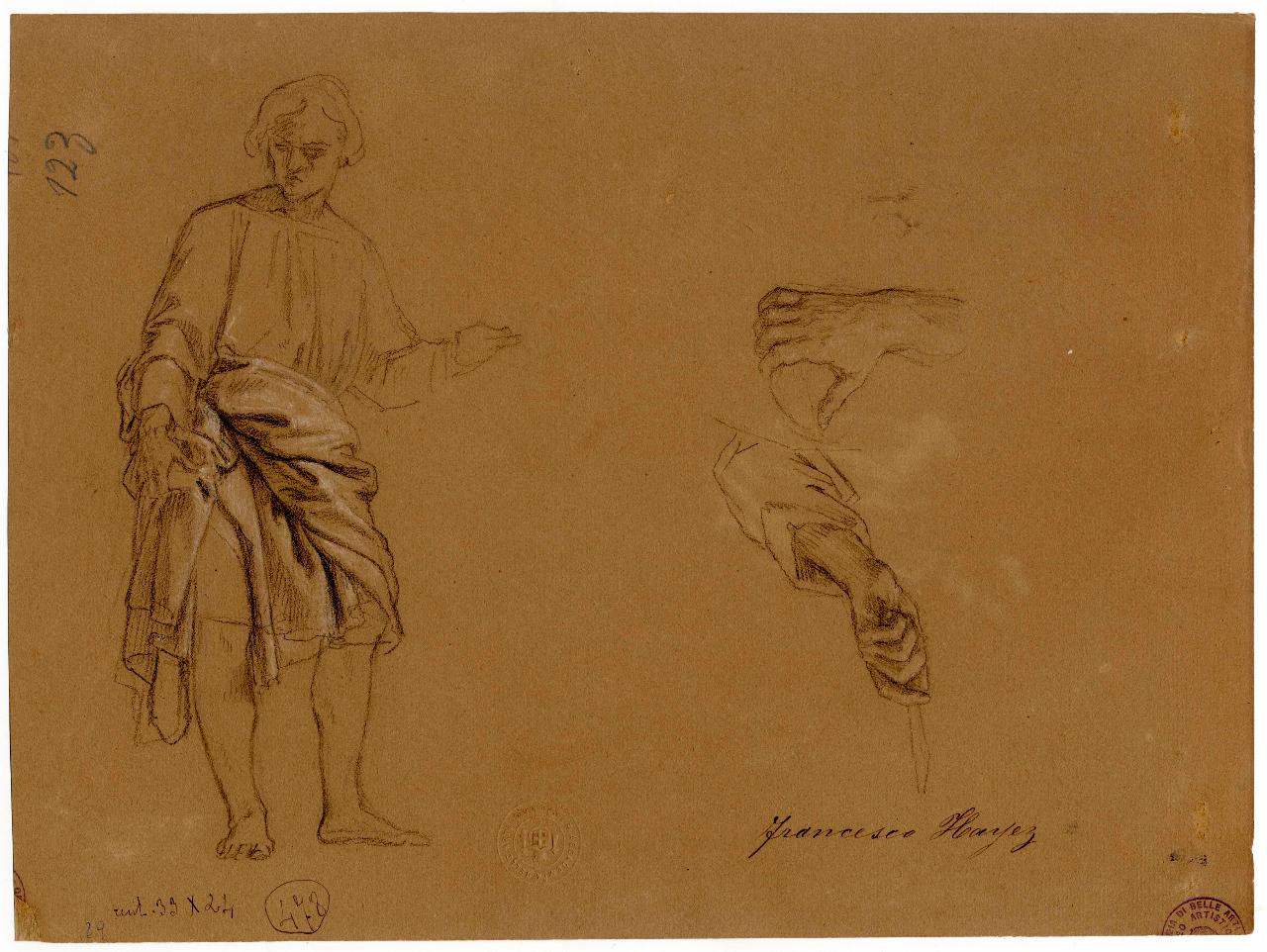 Studio di panneggi e mani, panneggio (disegno) di Hayez, Francesco (metà sec. XIX)