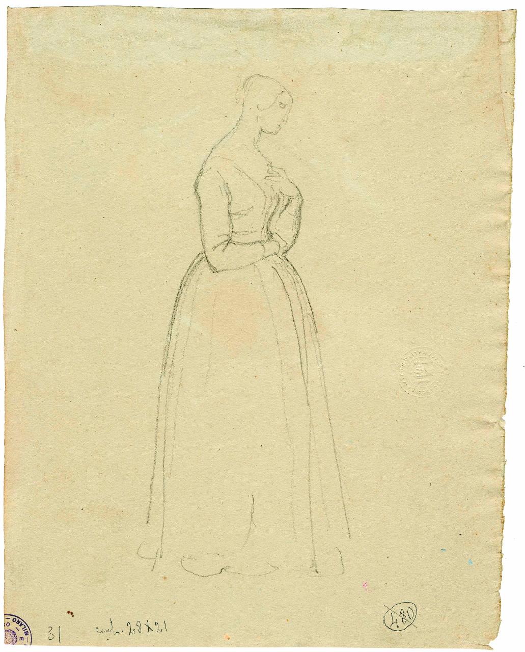 Figura di donna all'impiedi, figura femminile (disegno) di Hayez, Francesco (metà sec. XIX)