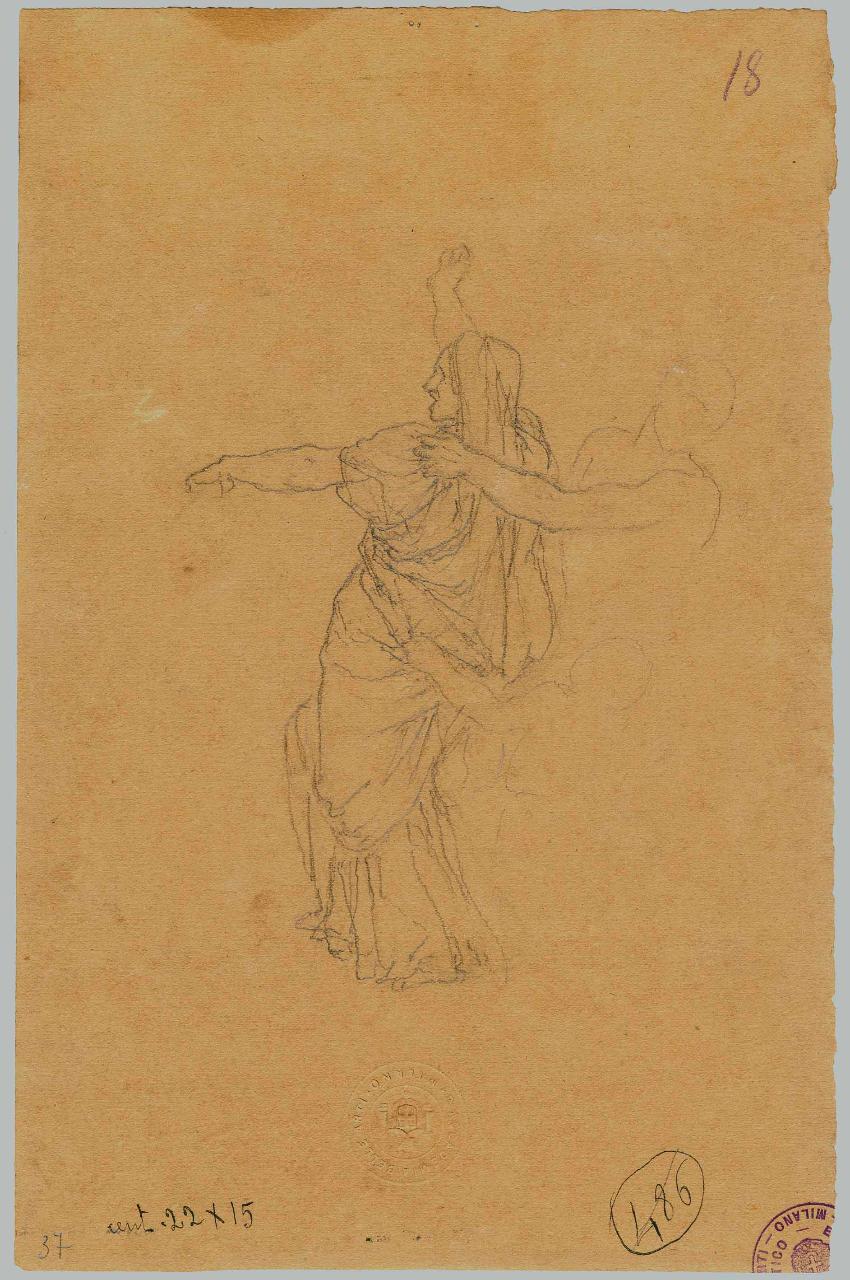 Schizzo di figura paludata alla classica trattenuta da un uomo, figura femminile e figura maschile (disegno) di Hayez, Francesco (metà sec. XIX)