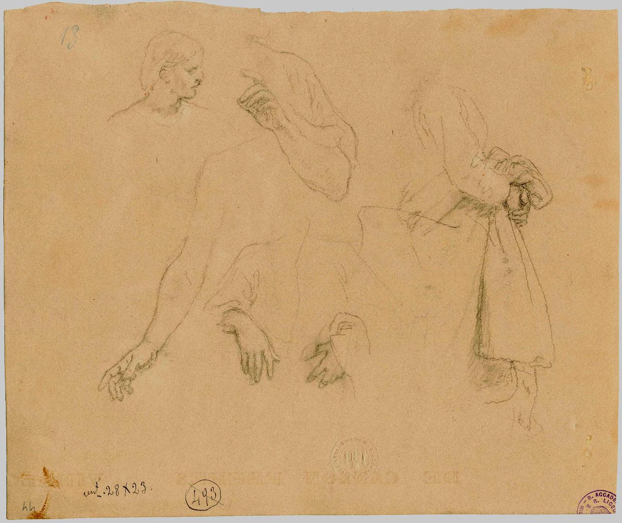 Studi di panneggi (testa e braccia), panneggio, testa e braccia (disegno) di Hayez, Francesco (metà sec. XIX)
