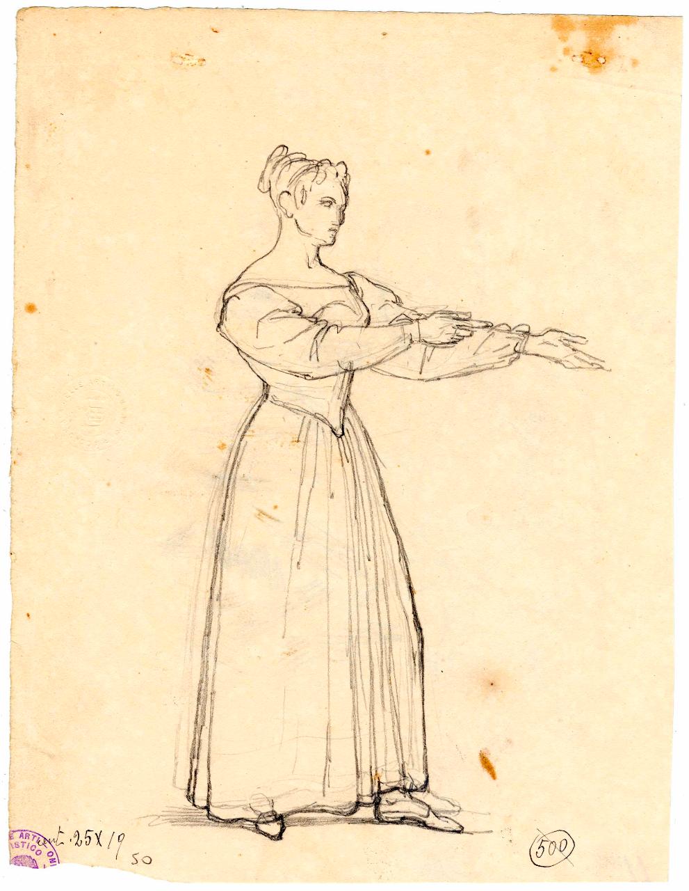 Figura di donna all'impiedi, figura femminili (disegno) di Hayez, Francesco (metà sec. XIX)