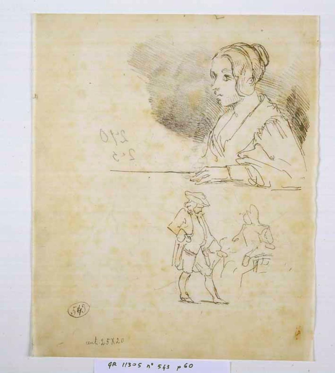 Schizzo di mezza figura di donna e in basso impressioni di figurine settecentesche, figure femminili (disegno) di Hayez, Francesco (metà sec. XIX)