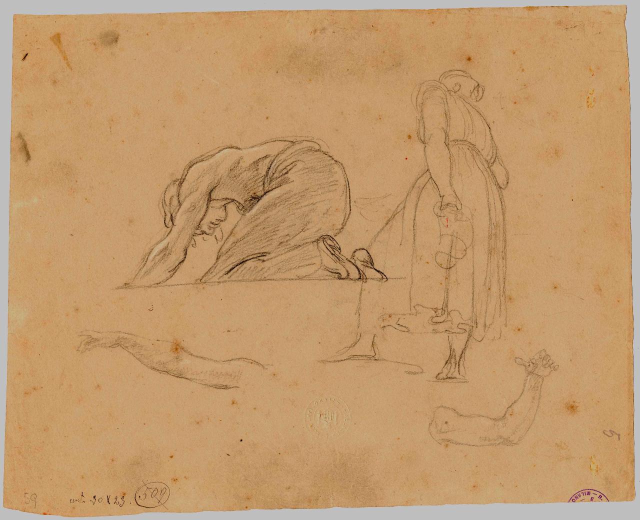 Studio di donna chinata e altra all'impiedi vista di lato/ Ignudo virile in scorcio, figure femminili | nudo maschile e mani (disegno) di Hayez, Francesco (metà sec. XIX)