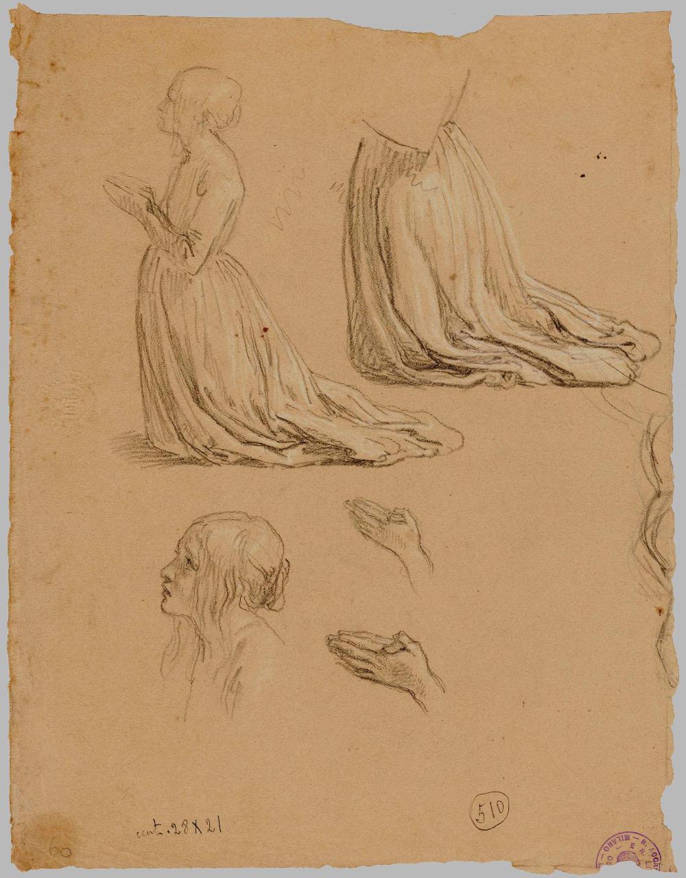 Studio di figure femminili oranti e testina/ Studi di braccia e mano che impugna, figure femminili e testa | braccia e mano (disegno) di Hayez, Francesco (metà sec. XIX)