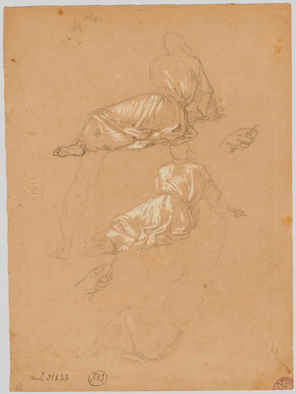 Studi di figure di vecchi sdraiati e mani/ Testa femminile e studi di panneggi, figure maschili e mani | figura femminile e panneggio (disegno) di Hayez, Francesco (metà sec. XIX)