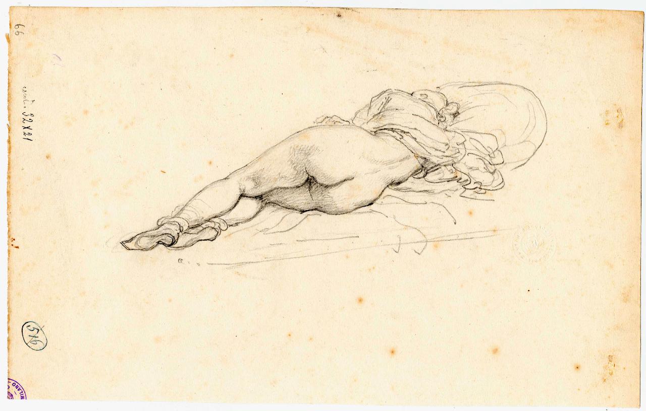 Nudo sdraiato visto sul dorso, nudo femminile (disegno) di Hayez, Francesco (metà sec. XIX)