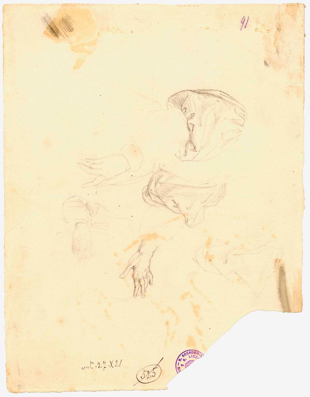 Studio di mano e di panneggio, mano e panneggio (disegno) di Hayez, Francesco (metà sec. XIX)