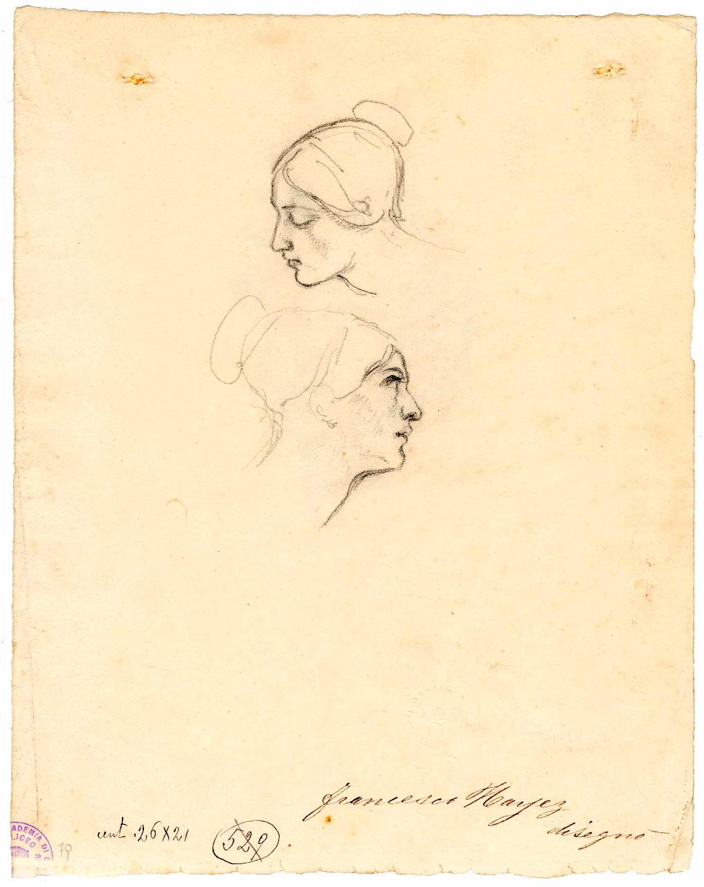 Due testine femminili/ Ritratto eroicizzato, figure femminili | ritratto maschile (disegno) di Hayez, Francesco (metà sec. XIX)
