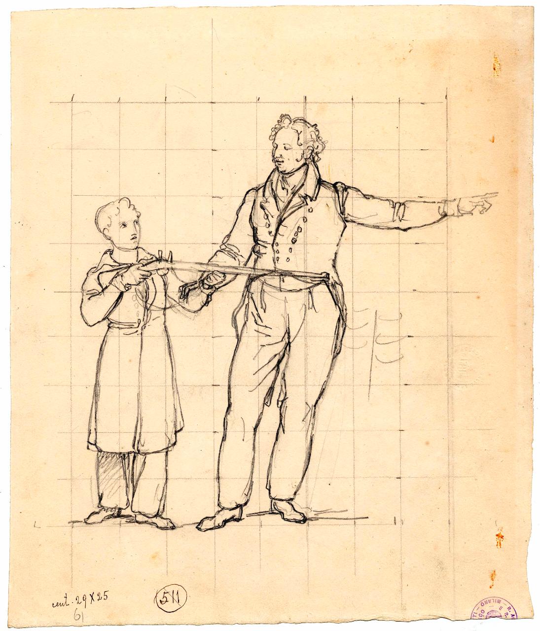 Lezione di tiro, figure maschili (disegno) di Hayez, Francesco (metà sec. XIX)