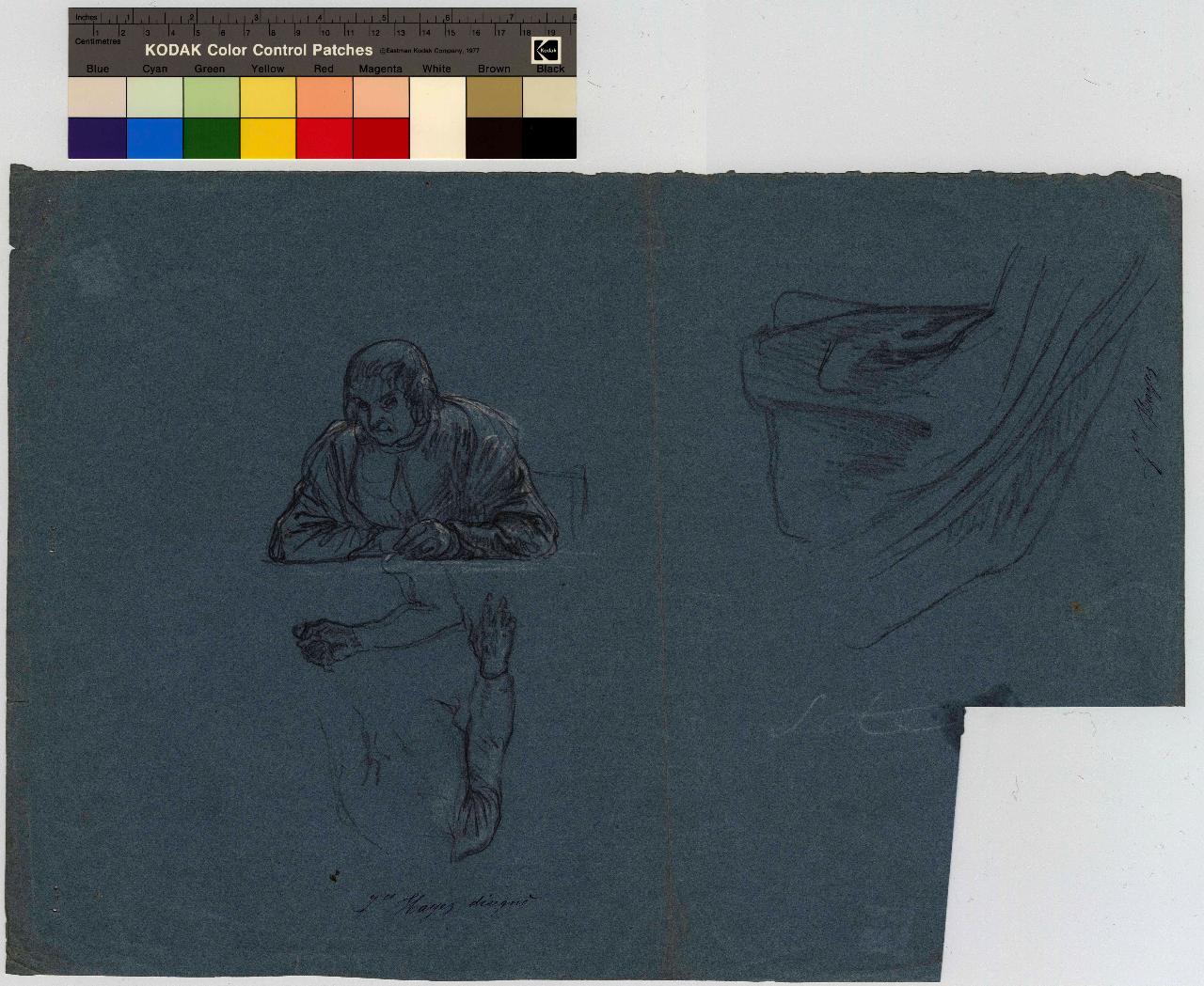 Mezzo busto d'uomo in costume rinascimentale in atto di scrivere. Studi di braccia e panneggio, figura maschile, panneggio (disegno) di Hayez, Francesco (metà sec. XIX)