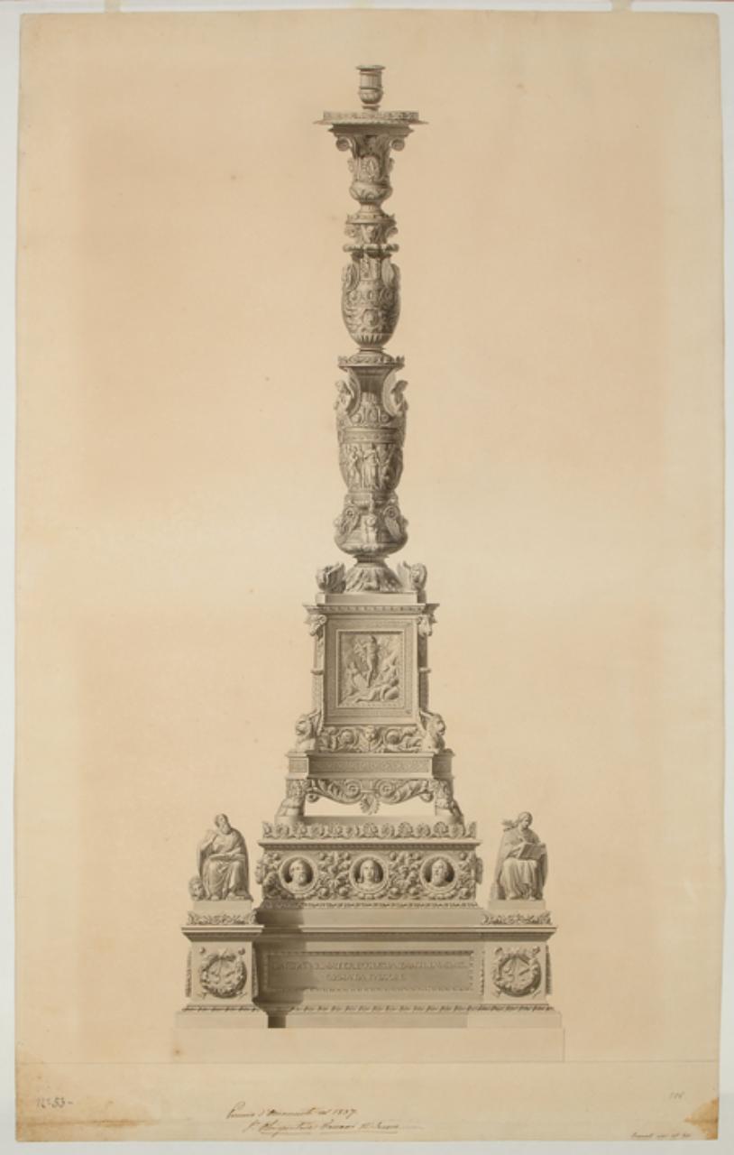 alzato, ornato: candelabro per cero pasquale, basamento (disegno) di Vaccani, Olimpiostene (secondo quarto sec. XIX)