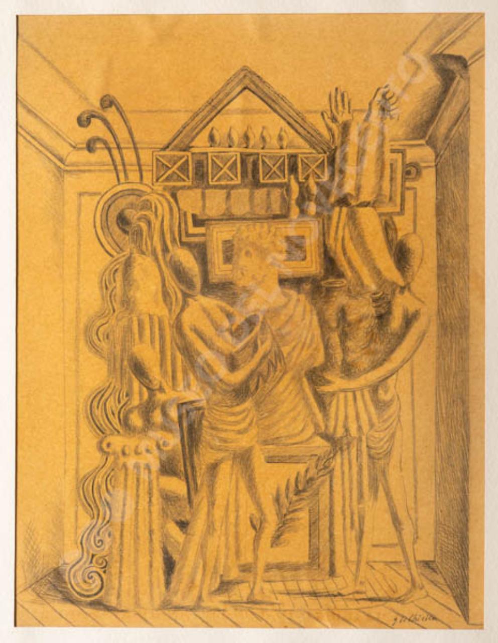 Facitori di trofei, interno con figure (disegno) di de Chirico, Giorgio (sec. XX)