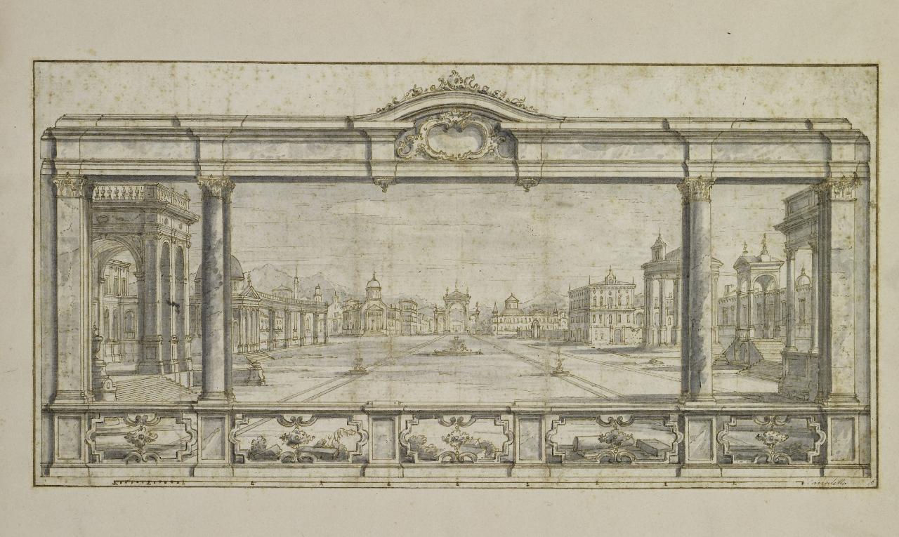 Veduta di una piazza (disegno) - Anonimo (prima metà sec. XVIII)