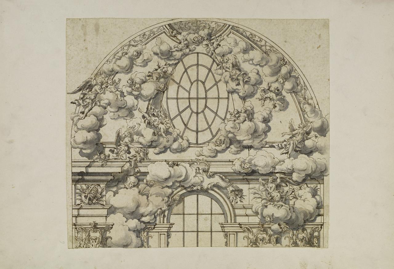 Progetto decorativo per parete con gloria di angeli (disegno) - Anonimo (seconda metà sec. XVII)