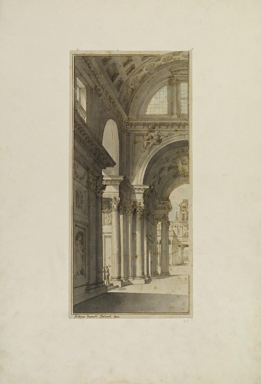 Veduta di un porticato con due persone a sinistra (disegno) di Fancelli, Giuseppe (fine sec. XVIII)