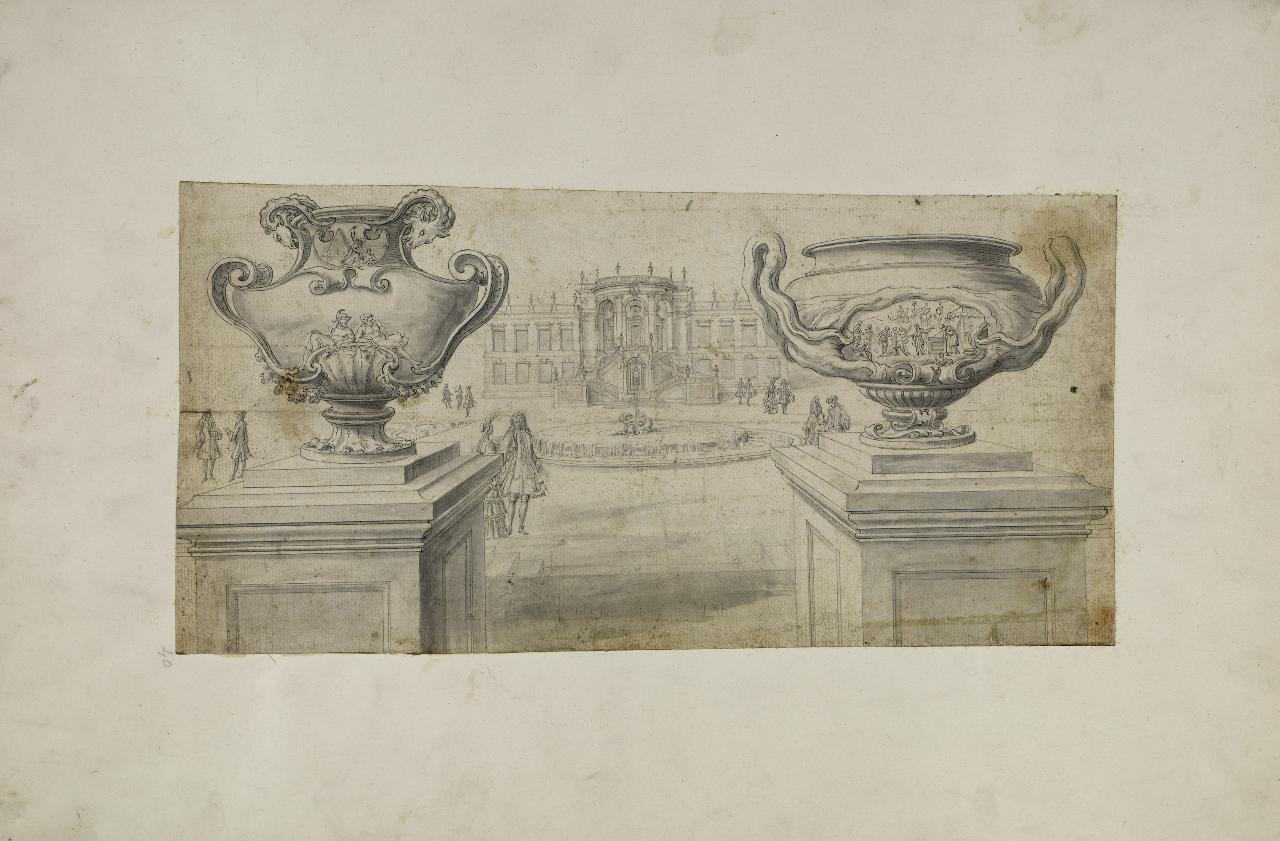 Veduta di un cortile con due vasi in primo piano (disegno) - Anonimo (prima metà sec. XVIII)