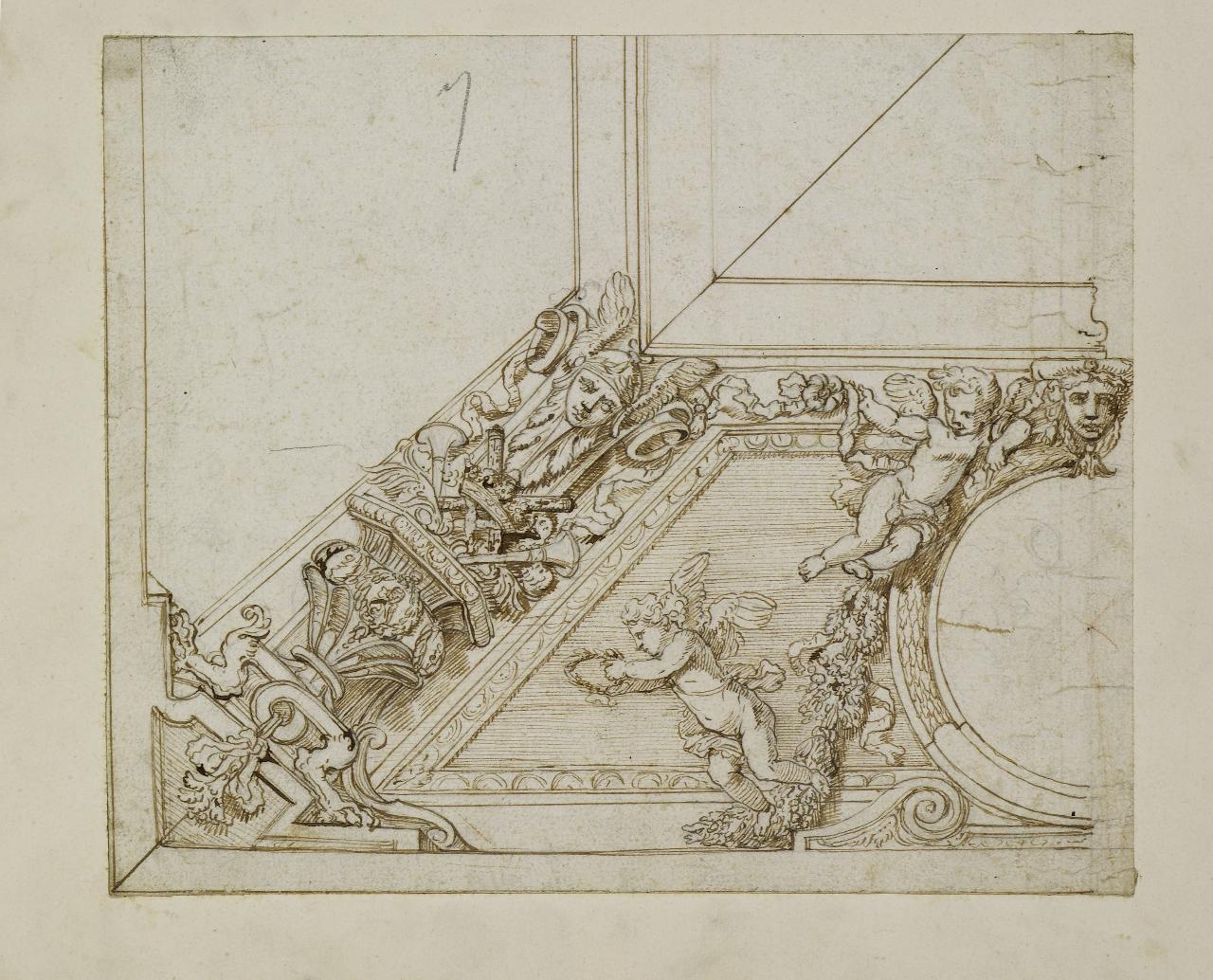 Ornato architettonico con due putti (disegno) - Anonimo (seconda metà sec. XVII)