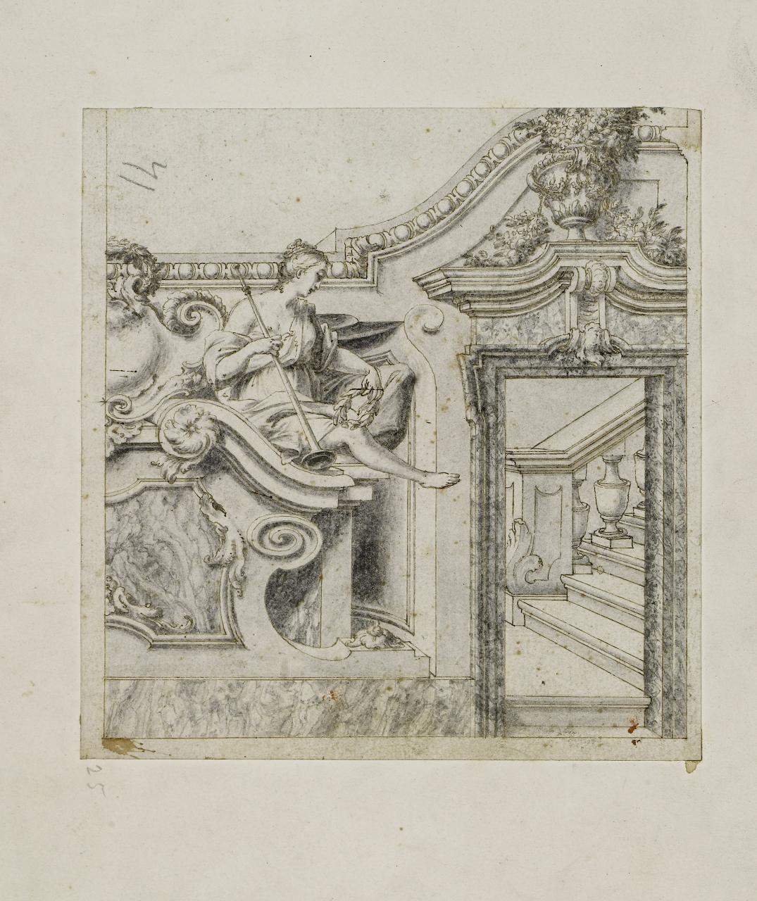 Ornato architettonico con allegoria della Fama (disegno) - Anonimo (seconda metà sec. XVII)