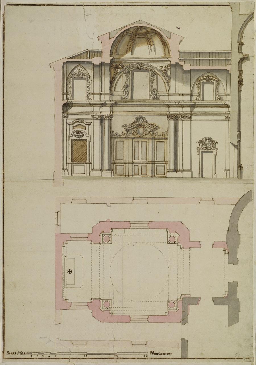 Prospetto e pianta di una chiesa (disegno) - Anonimo (seconda metà sec. XVII)