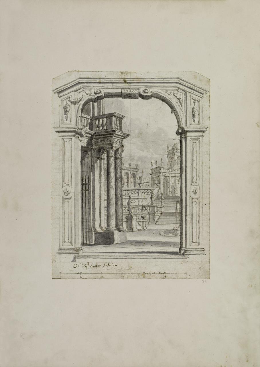 Veduta con prospettiva architettonica (disegno) - Anonimo (prima metà sec. XVIII)