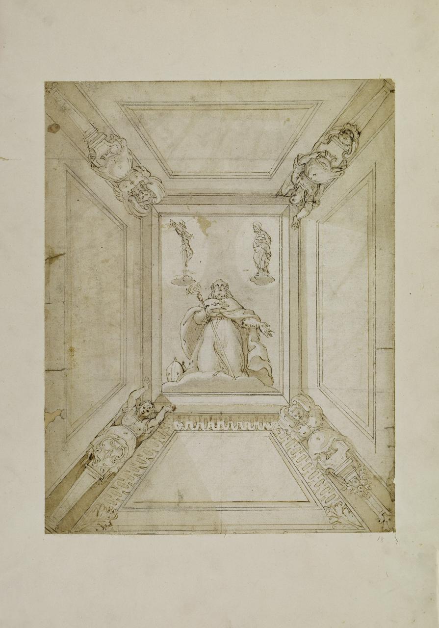 Progetto per soffitto con immagine di santo vescovo e quattro cariatidi (disegno) - Anonimo (seconda metà sec. XVI)