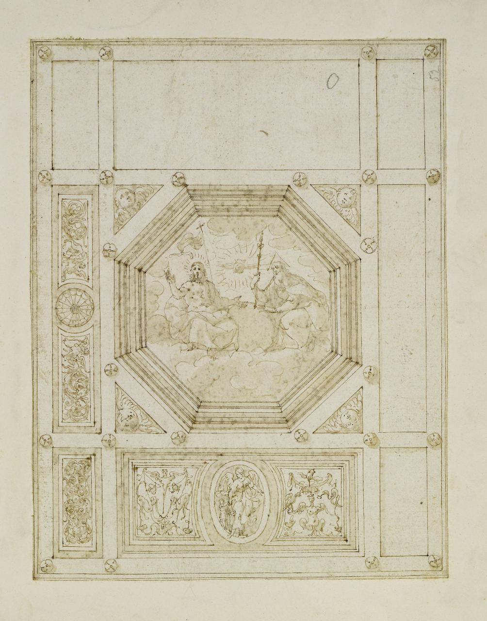 Progetto decorativo con ottagono con al centro Cristo e Dio Padre (disegno) - Anonimo (seconda metà sec. XVI)