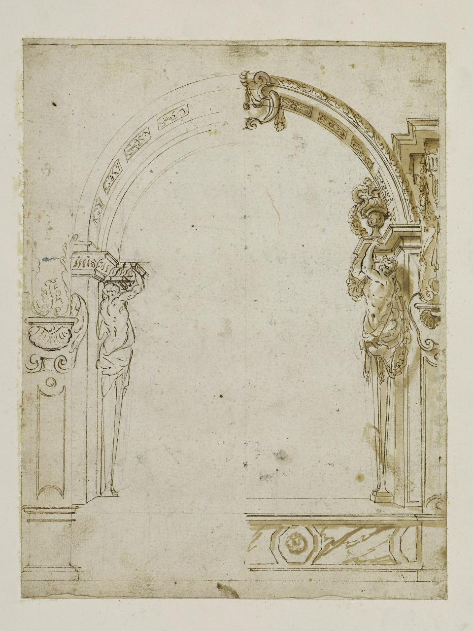 Progetto per arco con telamoni (disegno) - Anonimo (seconda metà sec. XVII)