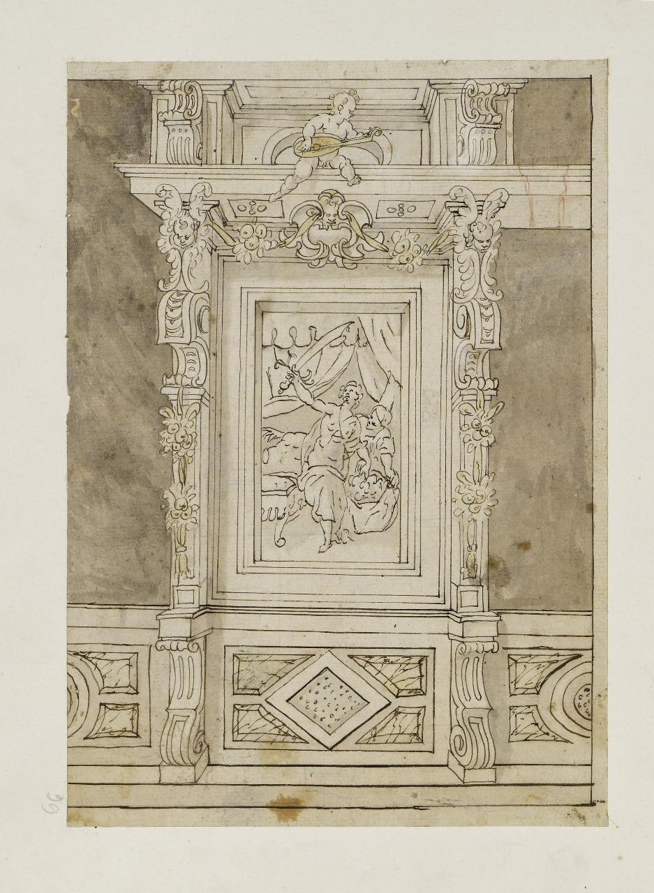 Cornice con dipinto raffigurante Giuditta con la testa di Oloferne (disegno) - Anonimo (seconda metà sec. XVI)