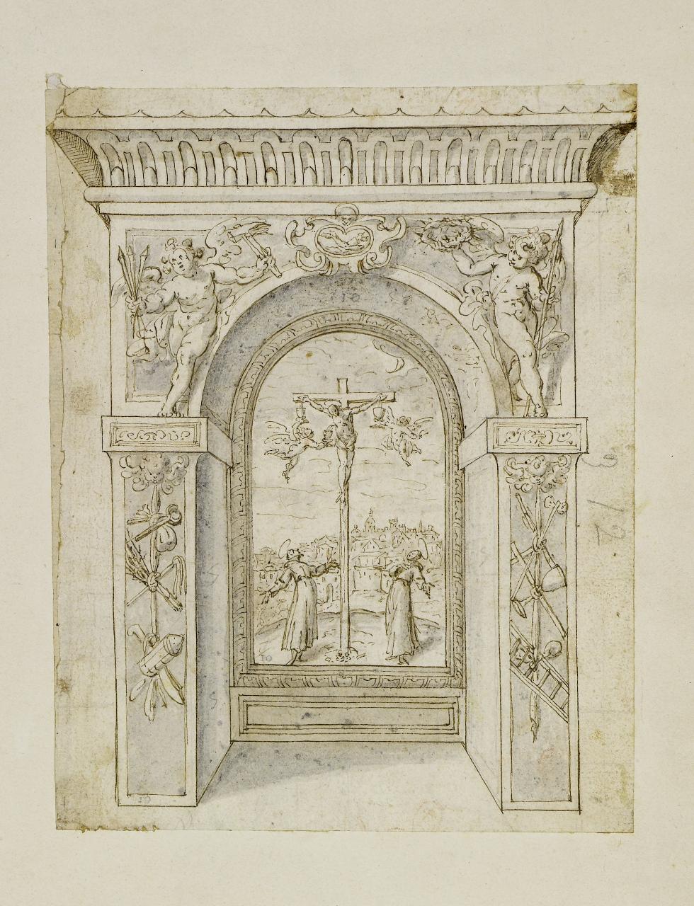 Progetto per cornice con dipinto raffigurante la Crocefissione con due santi (disegno) - Anonimo (prima metà sec. XVII)