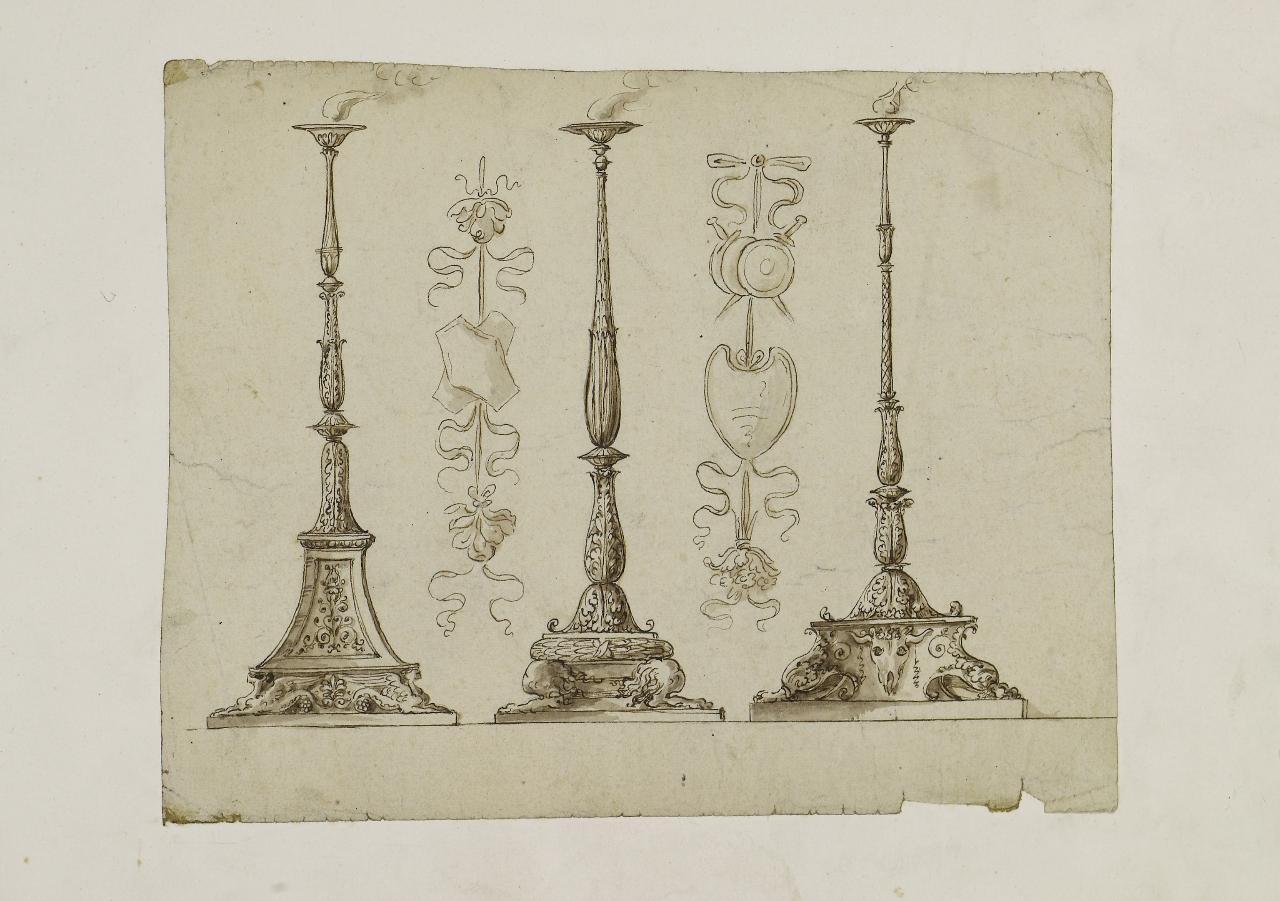 Tre candelabri (disegno) - Anonimo (seconda metà sec. XVII)