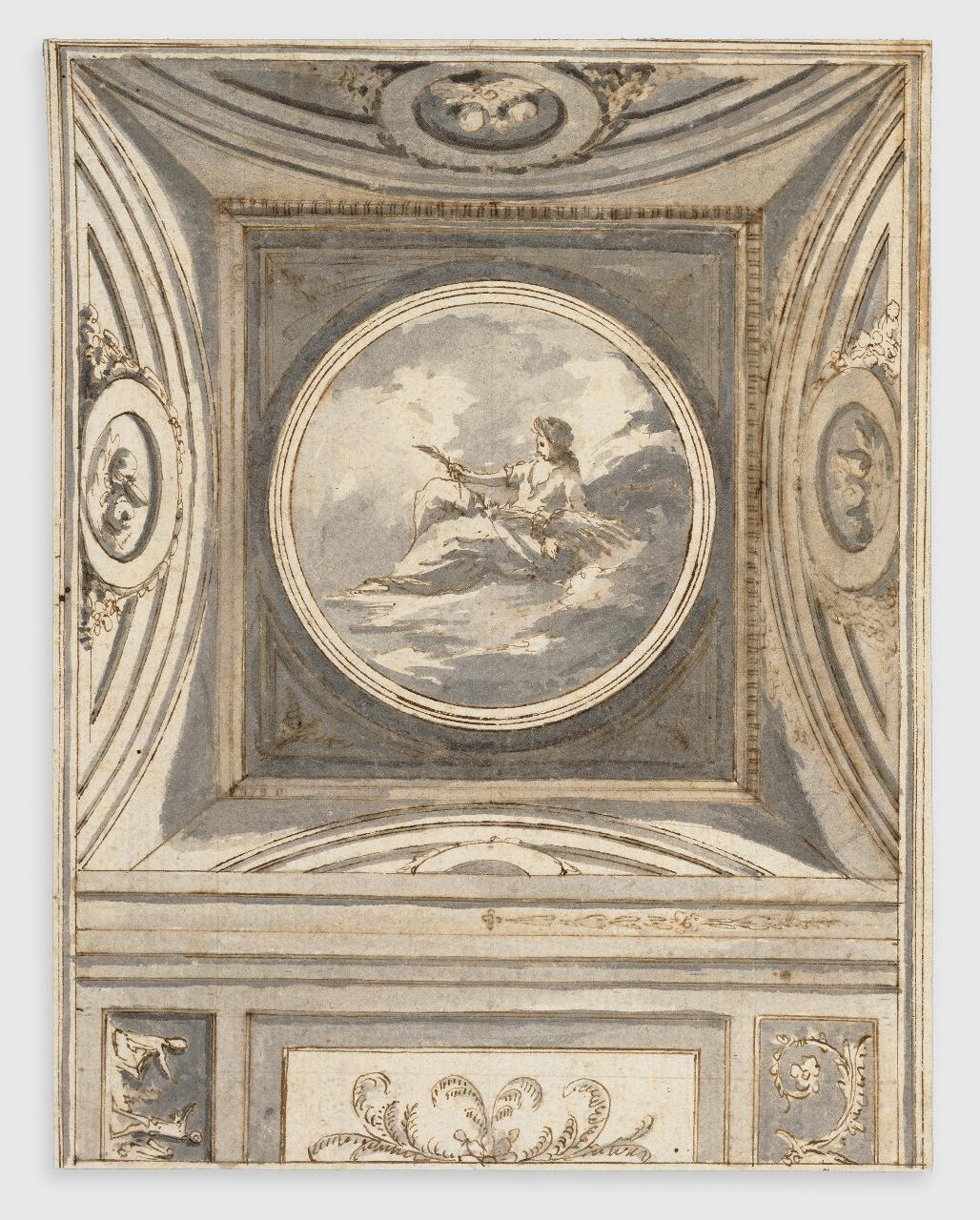 Progetto decorativo con donna sdraiata entro tondo (disegno) - Anonimo (seconda metà sec. XVIII)