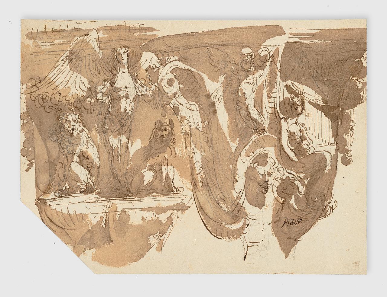 Ornato architettonico con figure femminili e animali (disegno) di Bison, Giuseppe Bernardino (prima metà sec. XIX)
