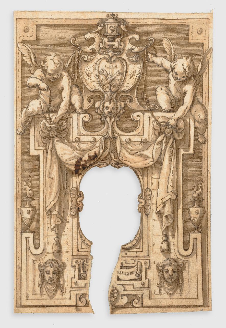 Cornice con putti (disegno) - Anonimo (seconda metà sec. XVII)