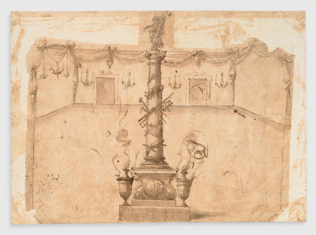 Salone con colonna al centro (disegno) - Anonimo (prima metà sec. XVIII)