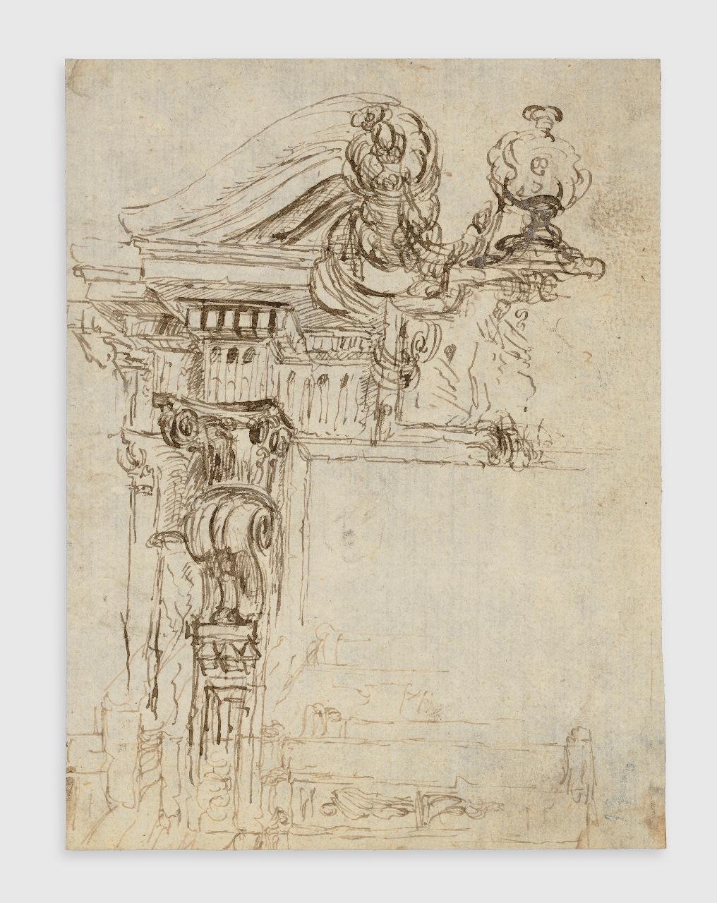 Progetto per cornice, angolo superiore sinistro (disegno) - Anonimo (seconda metà sec. XVII)
