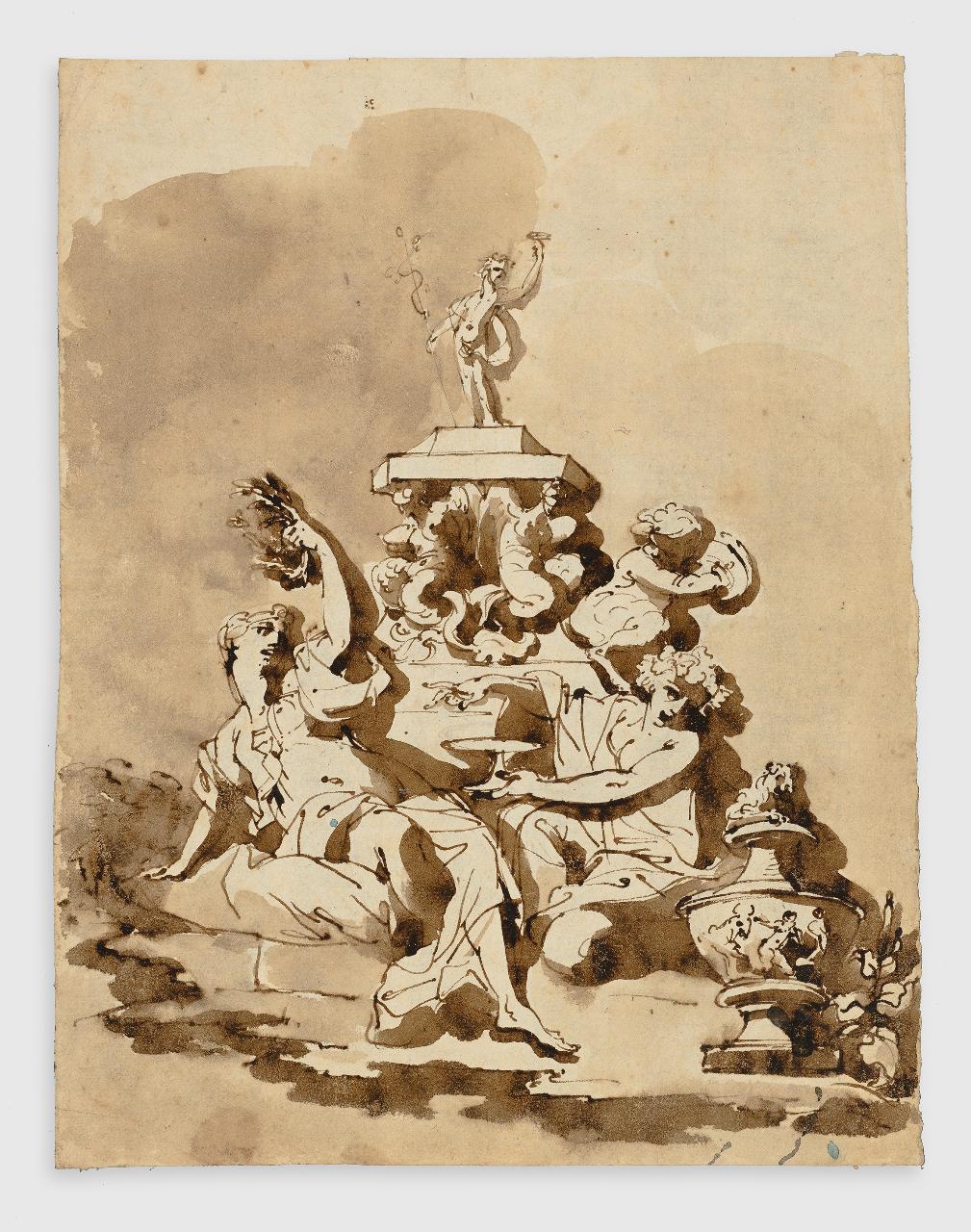 Ornato con figura femminile seduta e due putti (disegno) - Anonimo (prima metà sec. XIX)