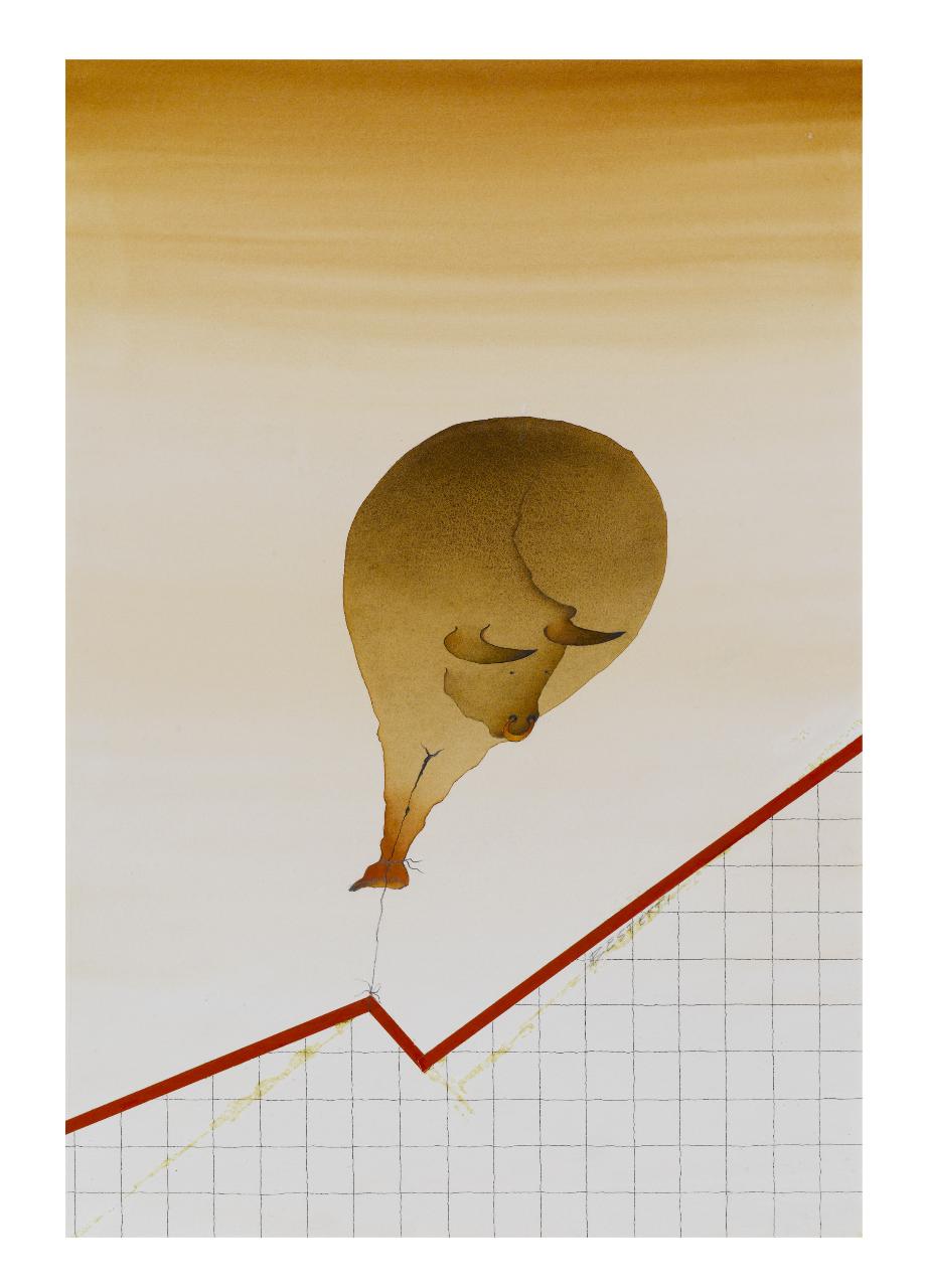 Borsa: dove vola il toro, 1986. Copertina de Il Mondo num. 10 10/03/1986 (disegno) di Bestetti, Pietro (sec. XX)