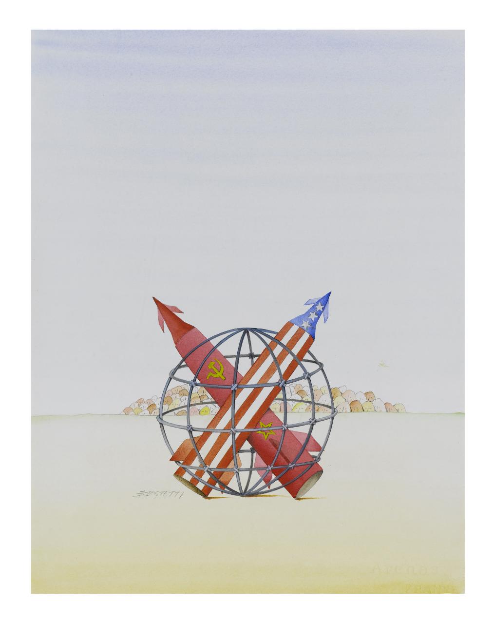 L'economia del disarmo, 1987. Copertina de Il Mondo num. 40, 05/10/1987 (disegno) di Bestetti, Pietro (sec. XX)