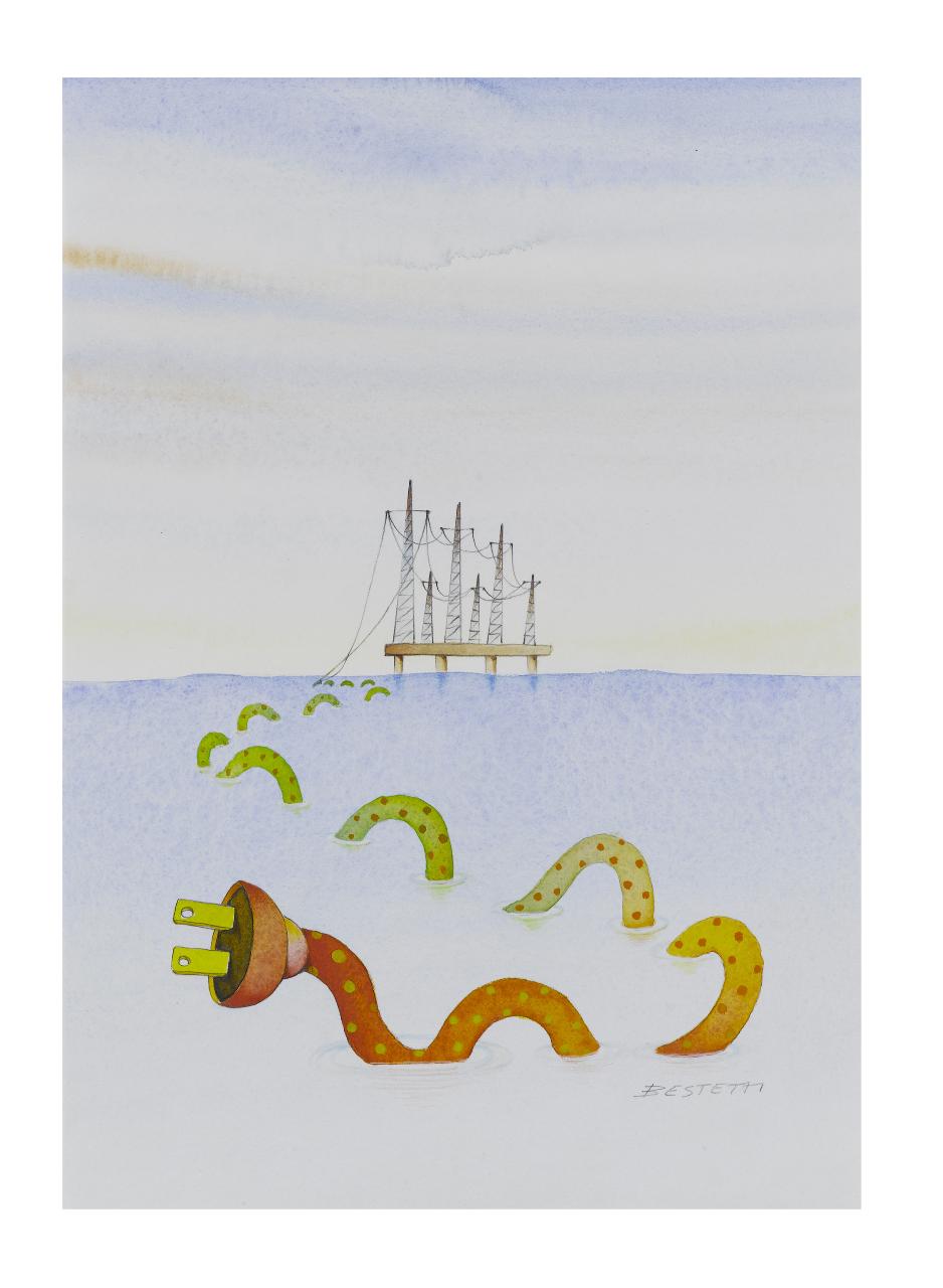 Enel off-shore, 1989. Copertina de Il Mondo num. 8, 20/02/1989 (disegno) di Bestetti, Pietro (sec. XX)