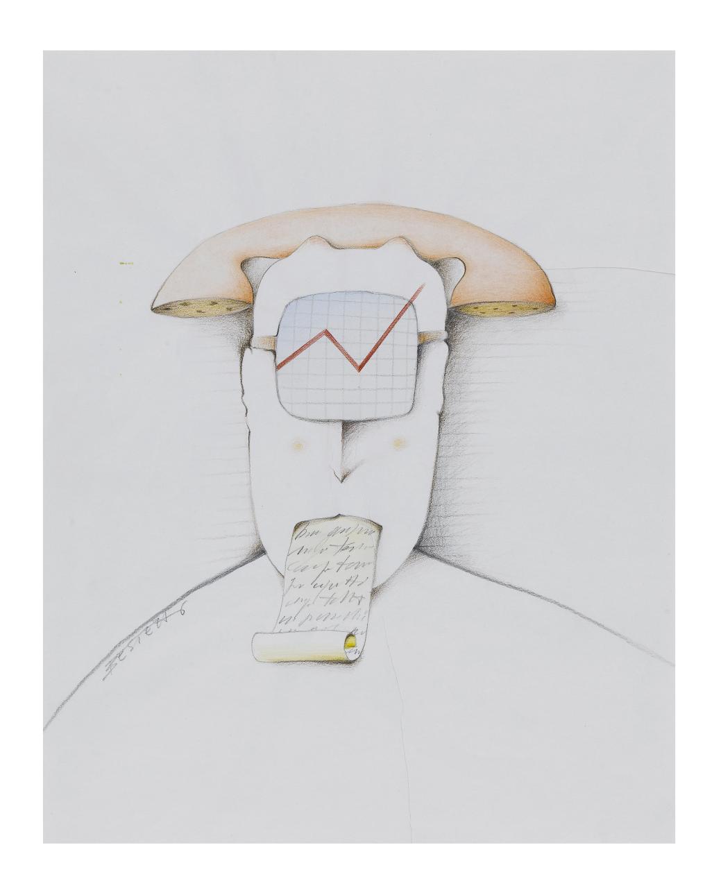 Computer, fax, telefono: si cambia vita, 1990. Copertina de Il Mondo num. 43, 21/10/1991 (disegno) di Bestetti, Pietro (sec. XX)