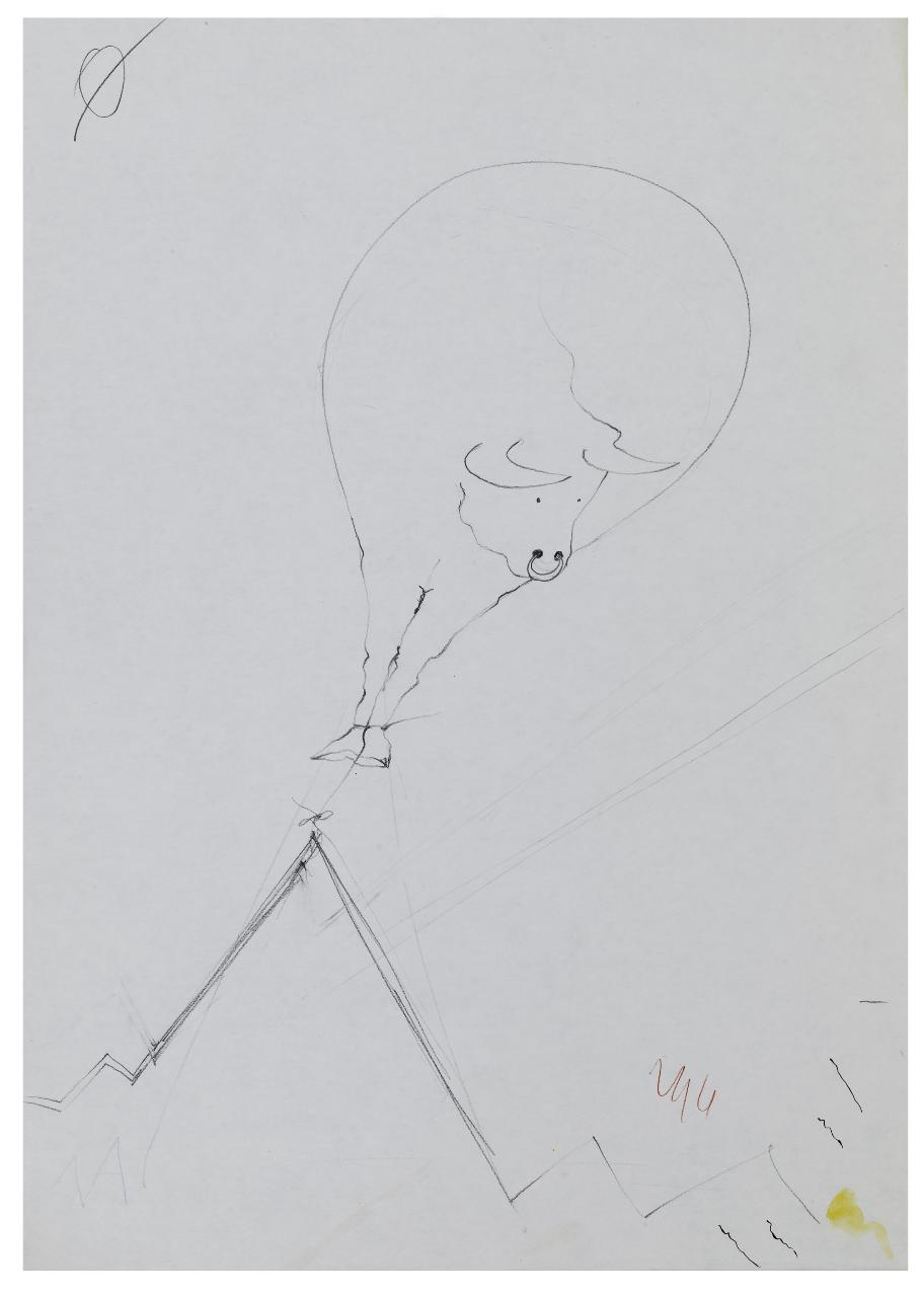 Borsa, dove vola il toro. Disegno preparatorio copertina de Il Mondo num. 10 10/03/1986 (disegno) di Bestetti, Pietro (sec. XX)
