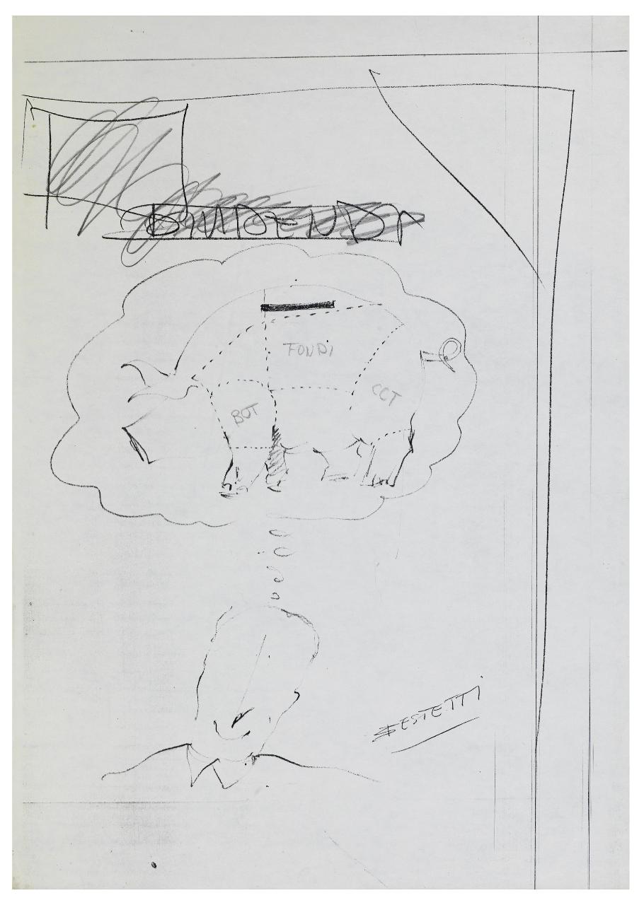 Ritorno al sicuro. Disegno preparatorio per la copertina de Il Mondo num. 18 04/05/1987 (disegno) di Bestetti, Pietro (sec. XX)