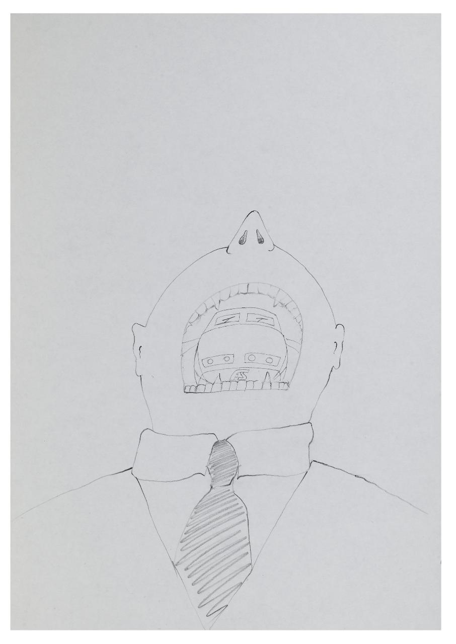 Ferrovie, l'abbuffata. Disegno preparatorio per copertina de Il Mondo num. 13, 25/03/1991 (disegno) di Bestetti, Pietro (sec. XX)