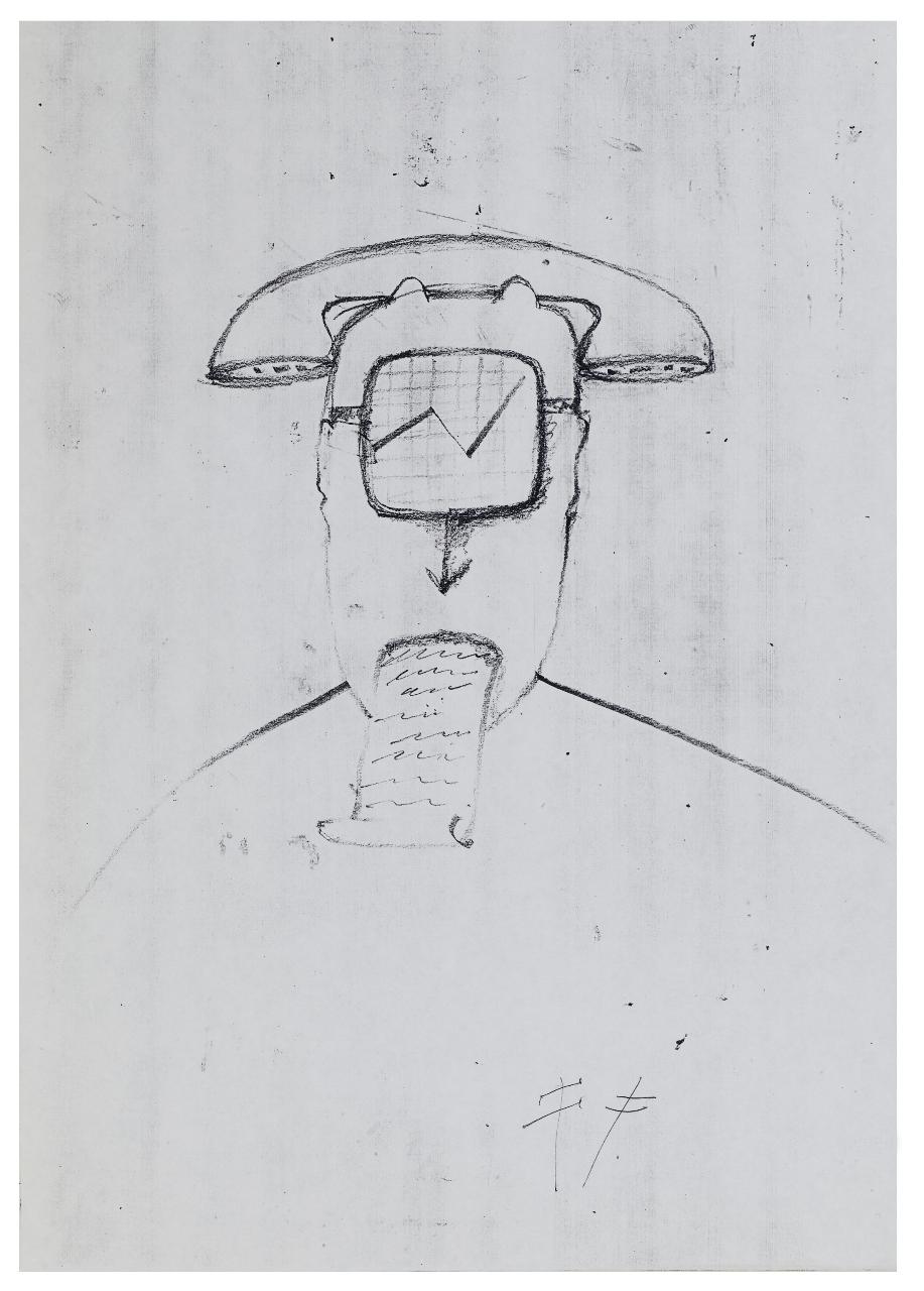 Computer, fax, telefono: si cambia vita. Disegno preparatorio per la copertina de Il Mondo num. 43 21/10/1991 (disegno) di Bestetti, Pietro (sec. XX)