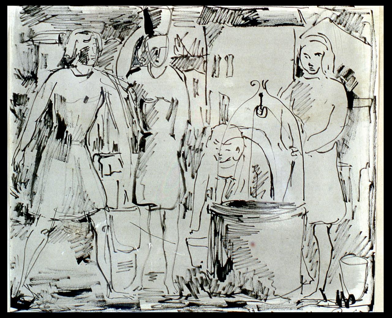 Donne al pozzo, Scena di vita quotidiana (disegno) di Rovera (sec. XX)