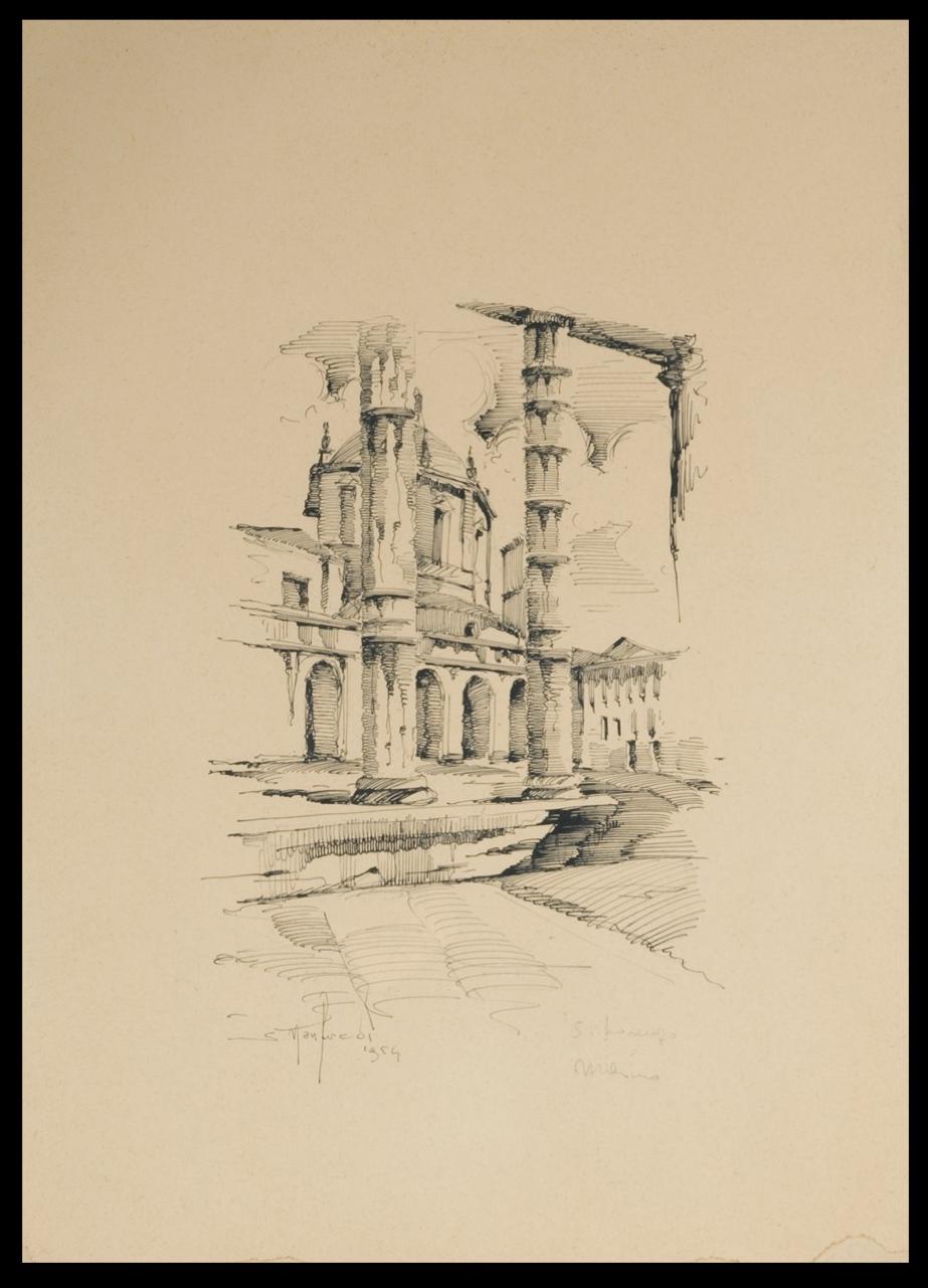 Le colonne di San Lorenzo a Milano, veduta urbana (disegno) di Manfredi, S. (sec. XX)
