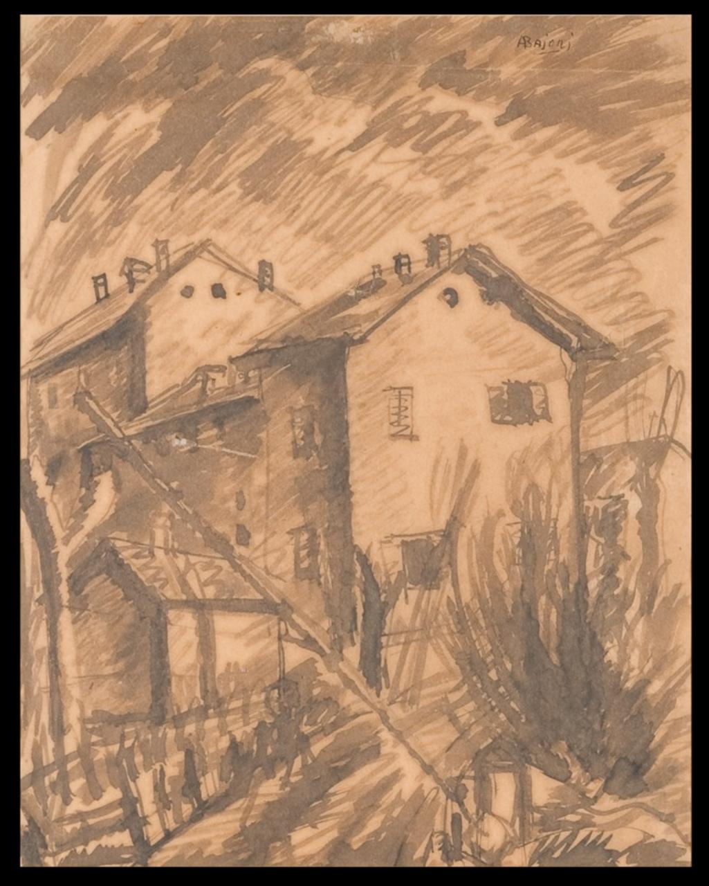 Passaggio a livello, Paesaggio con architetture (disegno) di Bajoni, Ambrogio (sec. XX)