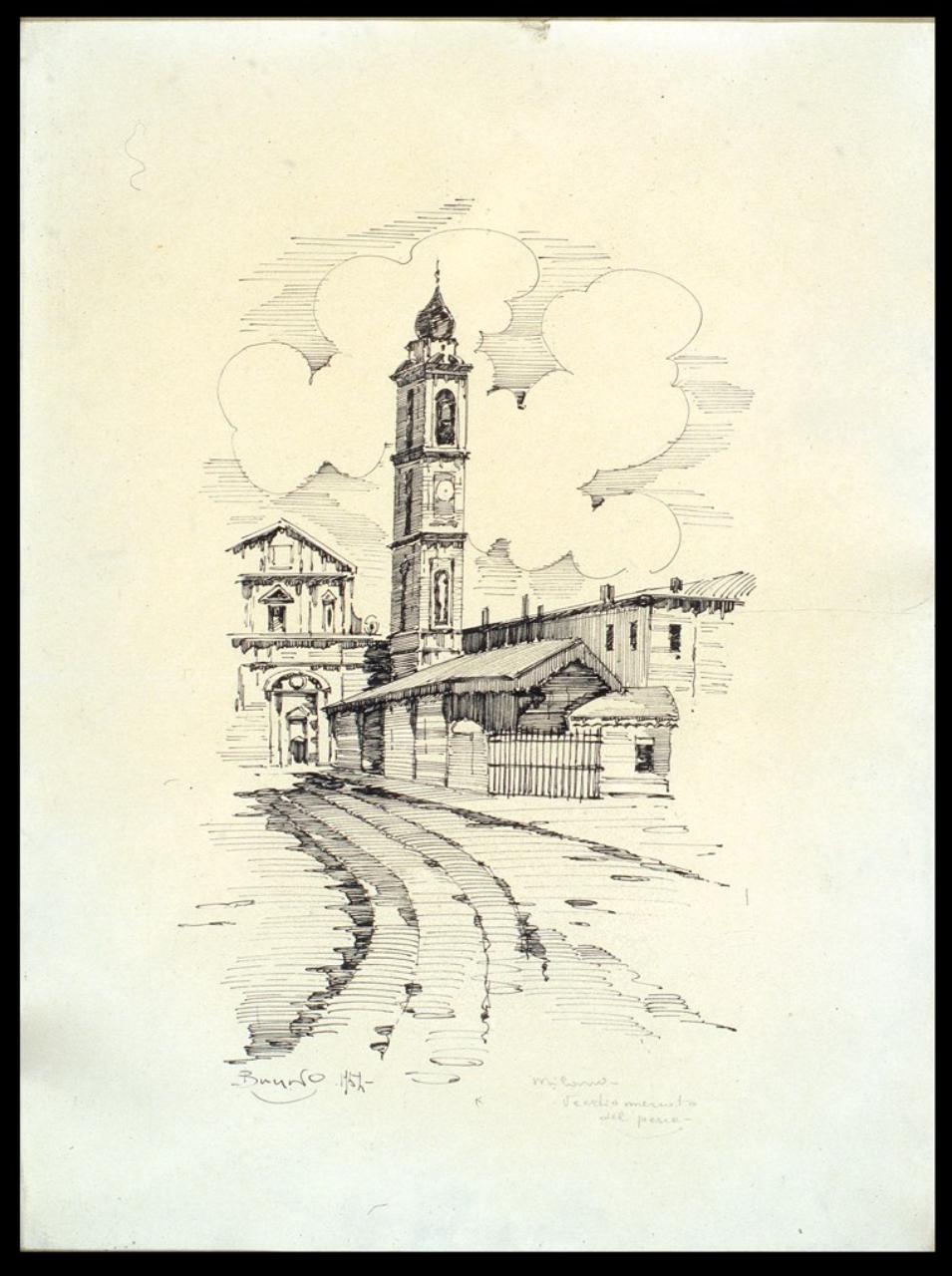 Milano, vecchio mercato del pesce, Veduta urbana (disegno) di Bruno (sec. XX)